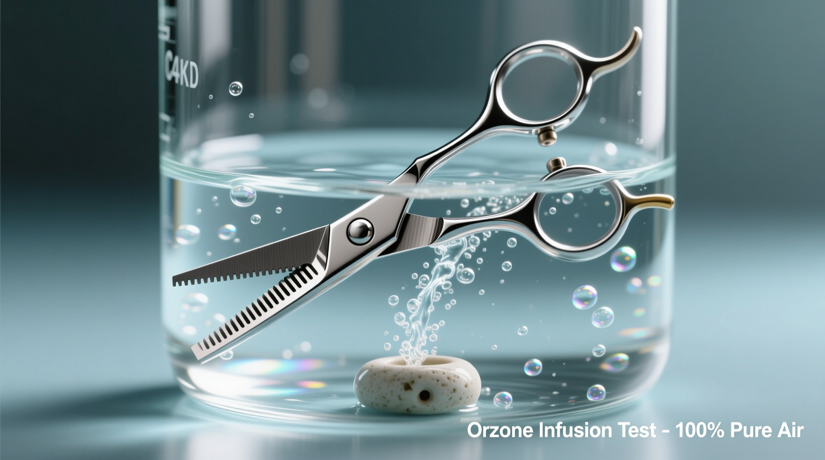 Close-up of stainless steel grooming clippers fully submerged in clear water inside a glass beaker, with fine ozone bubbles rising steadily from a submerged ceramic diffuser stone beneath them
