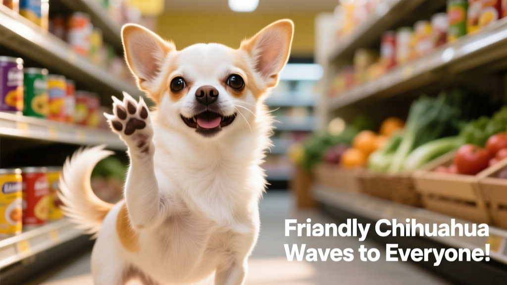 Close-up of Fabio the Chihuahua lifting one front paw mid-wave, eyes bright and tail gently wagging