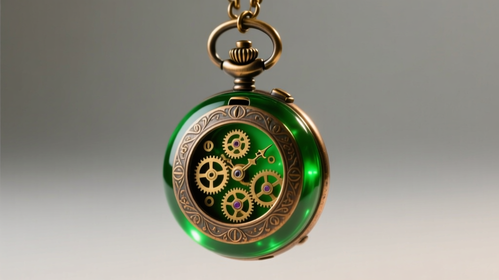 Glowing green epoxy resin steampunk pendant shaped like a pocket watch in tarnished bronze lit by soft warm studio light