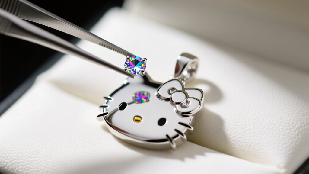 Tweezers carefully placing a tiny SS10 foil-back glass rhinestone into the empty bow setting of a silver Hello Kitty pendant.