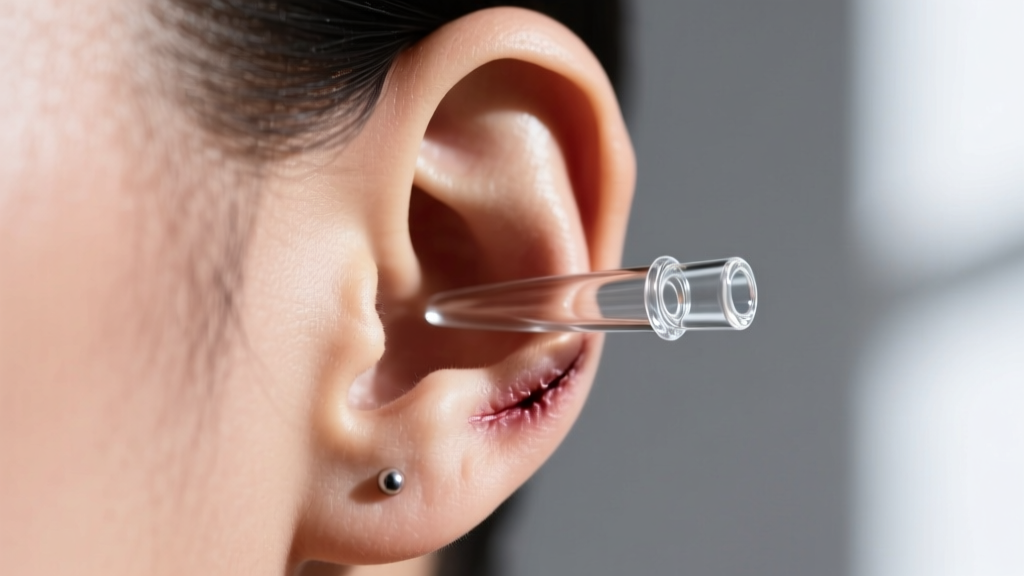 Profile of a healed earlobe wearing a borosilicate glass double-flare tunnel, highlighting smooth edges and even, healthy skin.