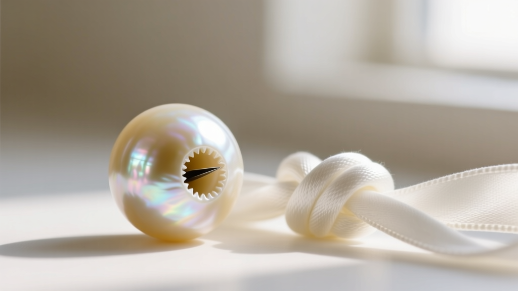 Macro photography of a vintage Akoya pearl drill hole showing sharp edges and thick nacre layers next to a white silk knot.