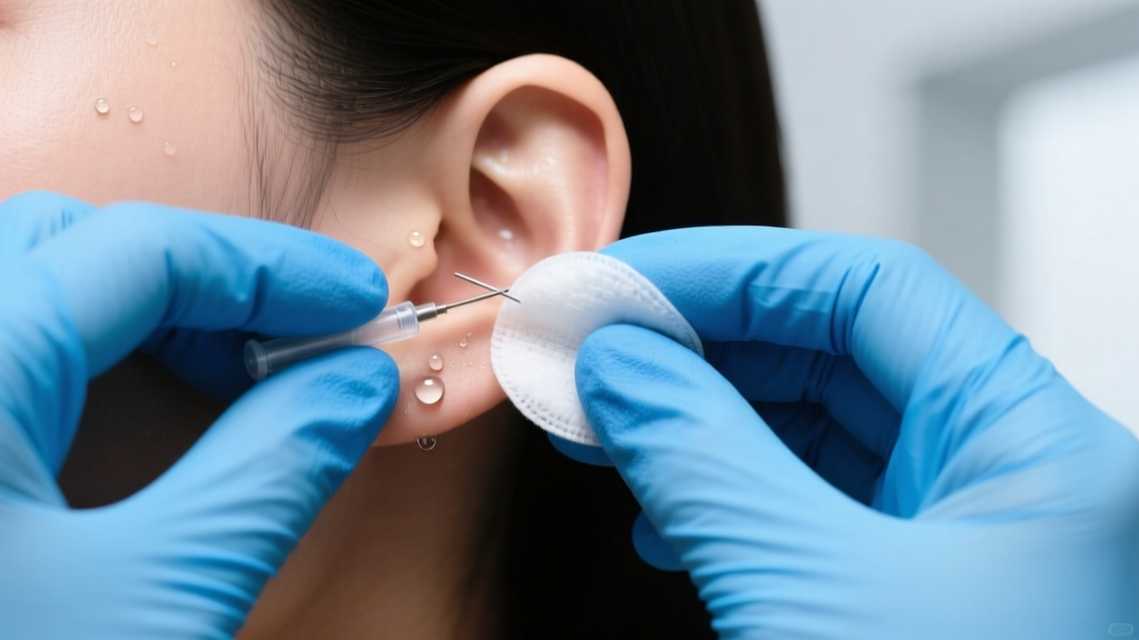 Hands in blue nitrile gloves applying sterile saline to a pierced earlobe using non-woven gauze under soft, clinical lighting setup.