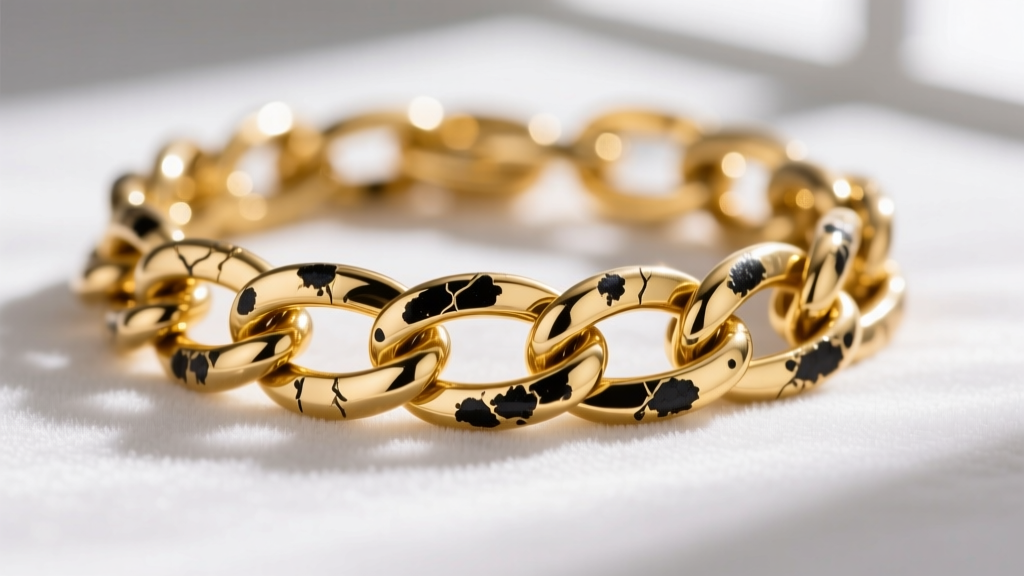 Macro close-up of a gold vermeil chain showing black silver sulfide tarnish spots bleeding through the gold layer on white velvet