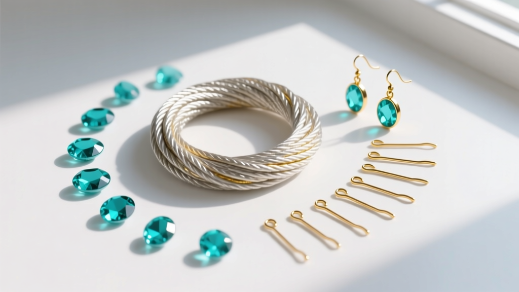 Flat lay of macrame earring supplies with 1mm metallic nylon cord, 20-gauge gold ear wires, and small turquoise cabochon gemstones