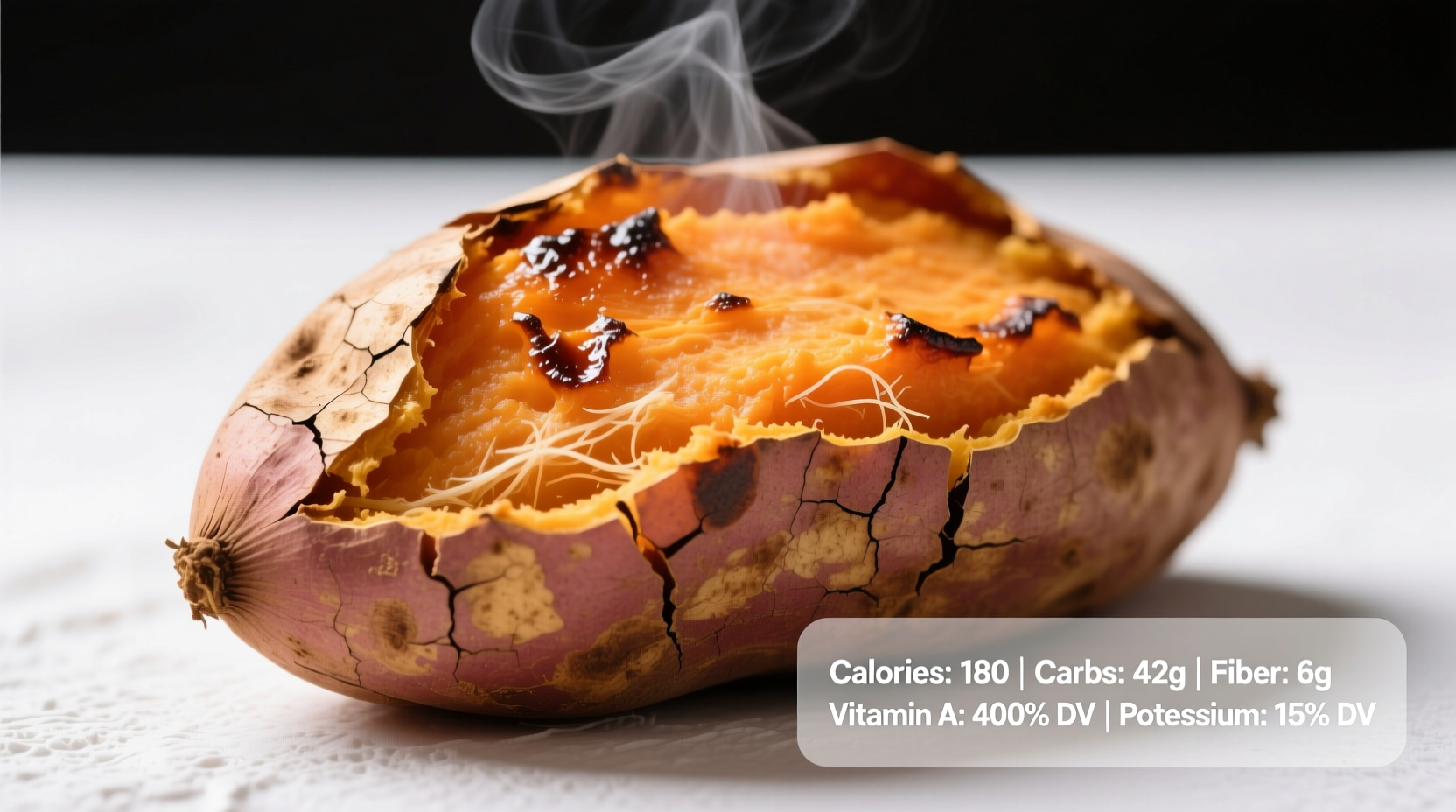 Baked sweet potato with skin showing nutritional information