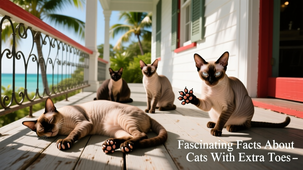 Group of polydactyl cats lounging on the porch of the historic Hemingway House in Key West, Florida