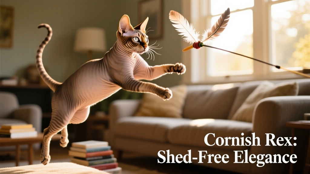 Cornish Rex cat mid-leap, chasing a feather toy, highlighting its short, curly coat