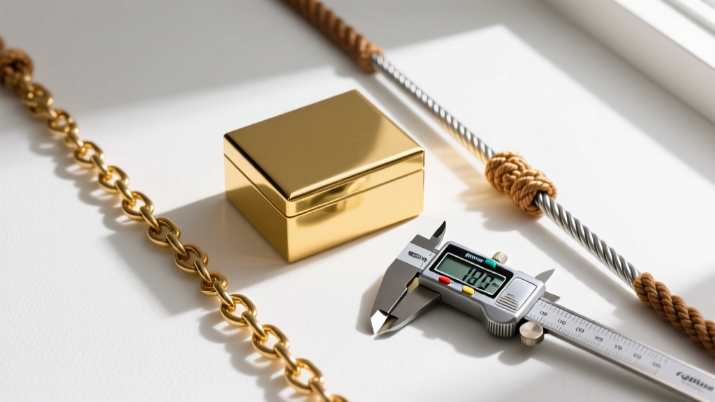 Overhead view of gold box, rope, and cable chains laid parallel beside a digital caliper measuring exact wire gauge thickness.