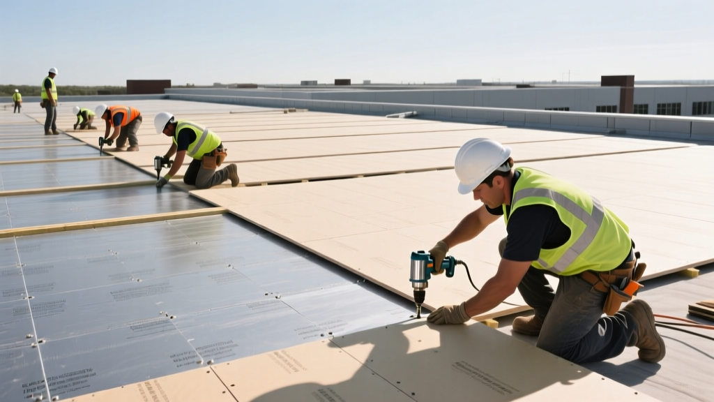 Crew installing fiberglass-mat gypsum cover boards over polyiso insulation using pneumatic fasteners on a flat commercial roof deck