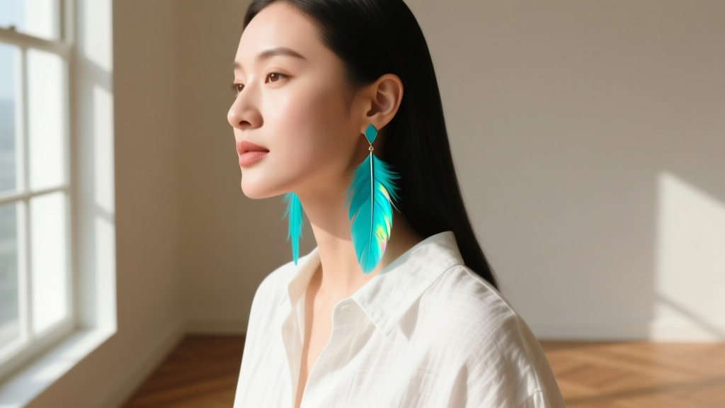 Side profile of a woman with a round face wearing long V-shaped turquoise feather drop earrings and a casual white linen shirt.