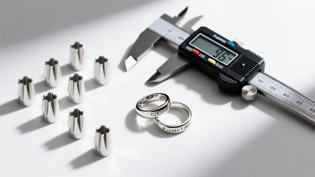 Overhead view of raw 925 silver casting sprues, a digital caliper, and polished private label rings on a jeweler