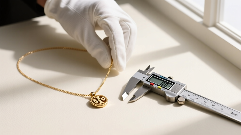 Flat-lay of a Tory Burch pendant necklace, digital calipers, and a jeweler's loupe on a dark slate jewelry grading surface.