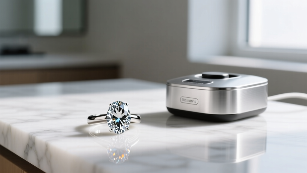 Oval moissanite ring on white marble beside a modern silver ultrasonic cleaner, illuminated by soft natural window lighting.