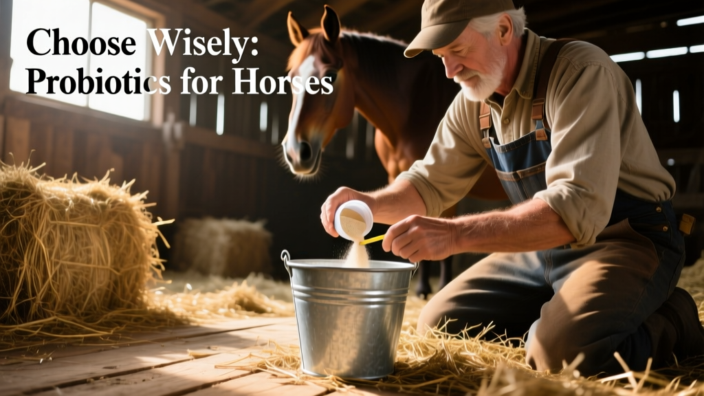 Horse owner measuring probiotic powder into a feed bucket alongside fresh hay