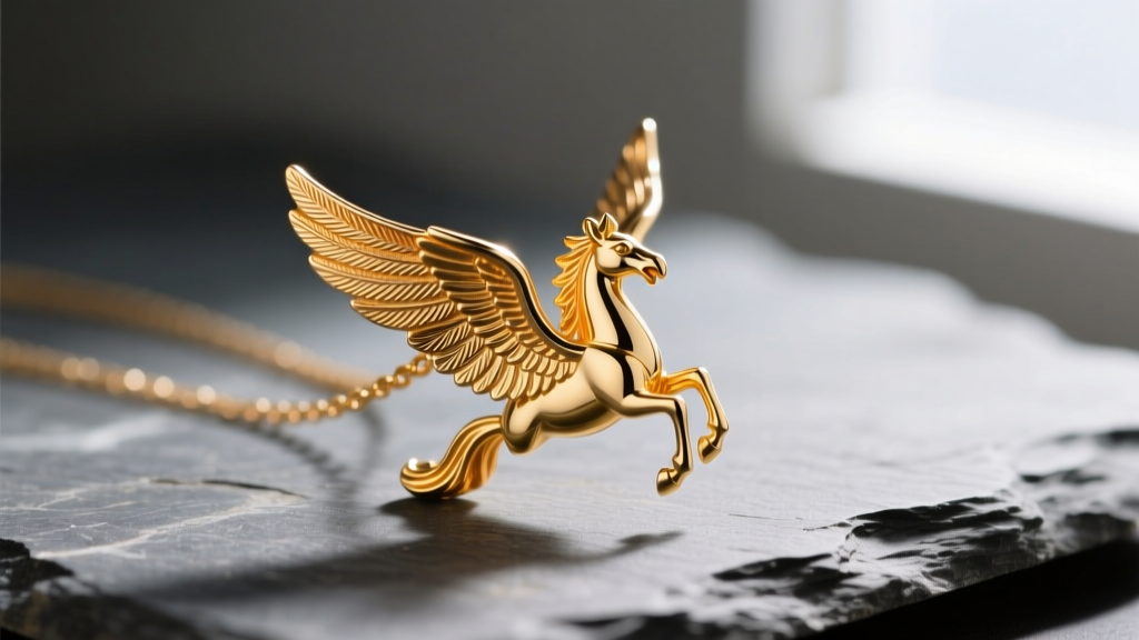 Macro of 18k gold pegasus necklace pendant with moving wings on slate, side lighting highlighting engraved feather textures.