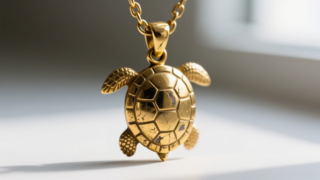 Macro shot of a gold turtle pendant bail showing severe friction wear and thinning metal where it connects to the chain link