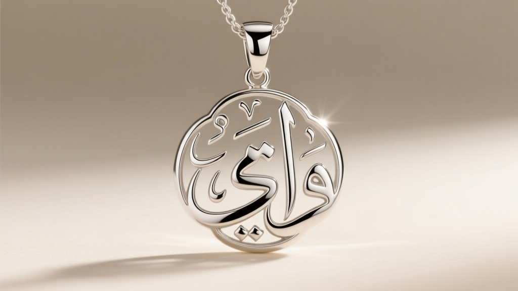 Rhodium-plated 925 silver Hamza pendant showing intricate Arabic calligraphy, illuminated by warm directional studio lighting.
