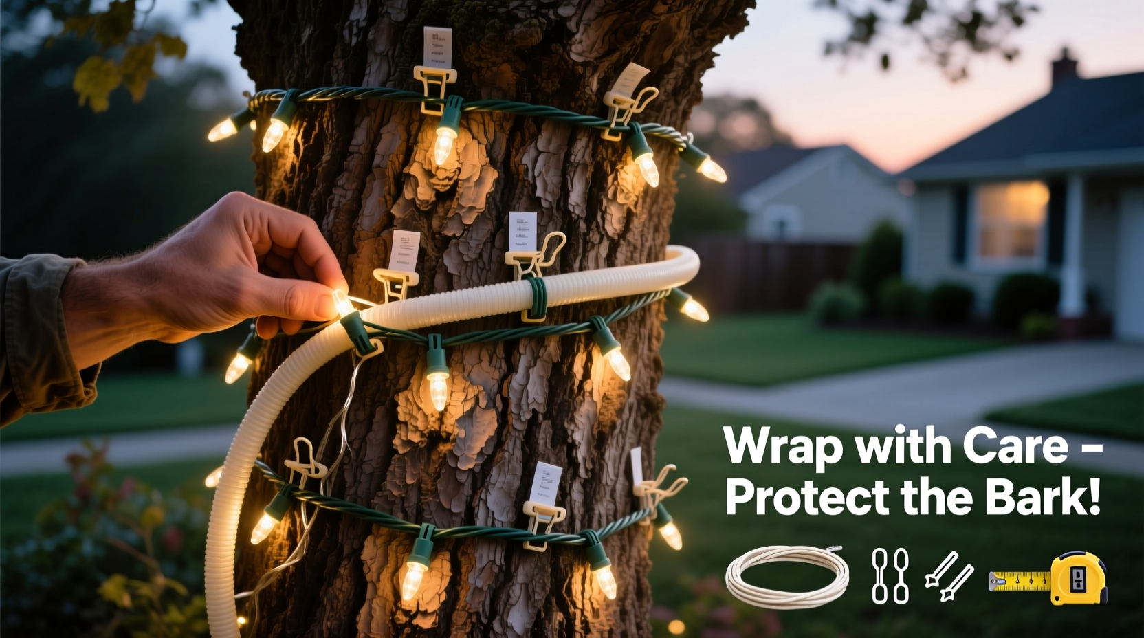 how to wrap outdoor light strings around trees without damaging bark