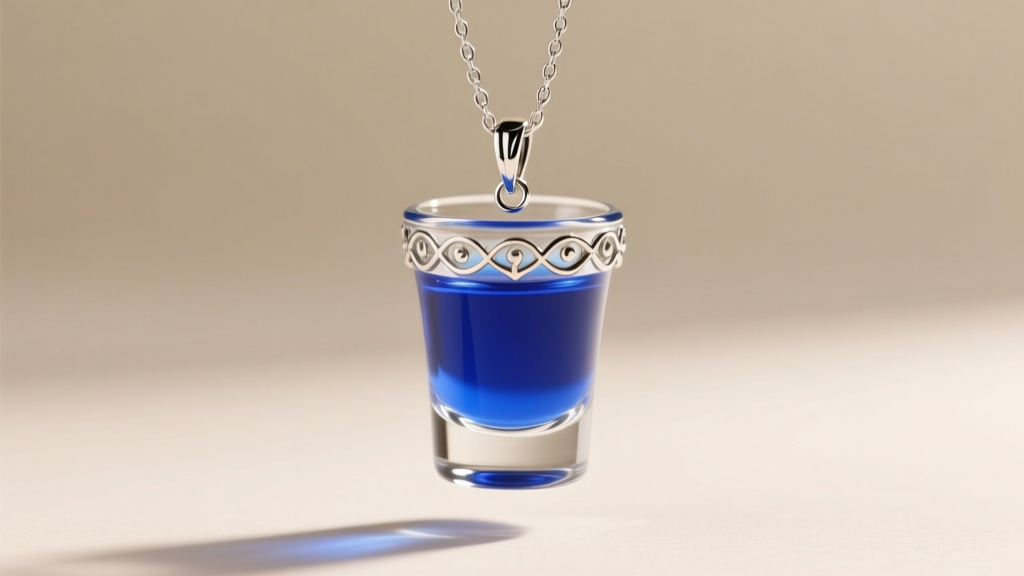Miniature glass shot glass pendant filled with blue liquid on a delicate silver chain against soft studio lighting.