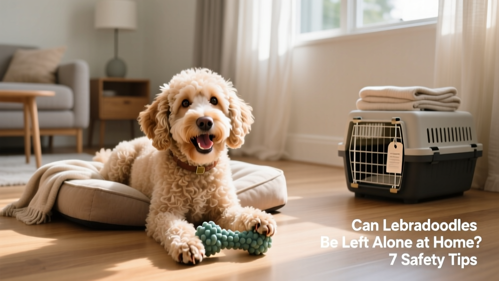 A Labradoodle happily chewing on a durable, non-toxic toy while resting in a tidy, sunlit room with a crate nearby