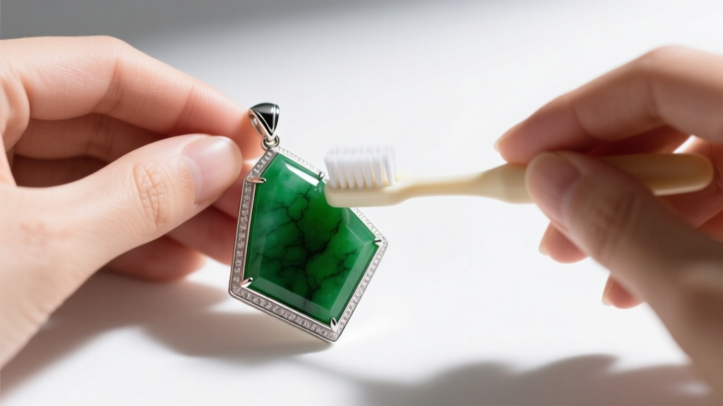 Hands using a soft baby toothbrush to gently clean the crevices of a chunky green jade and sterling silver statement pendant.