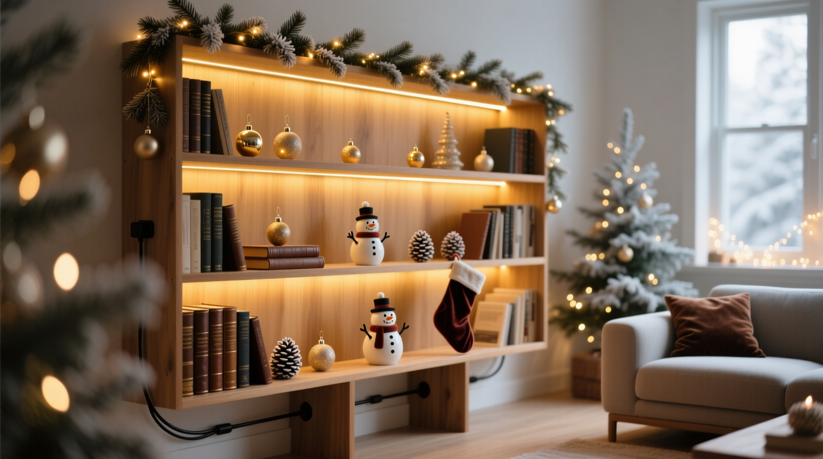 how to add subtle lighting to a bookshelf christmas display without visible wires