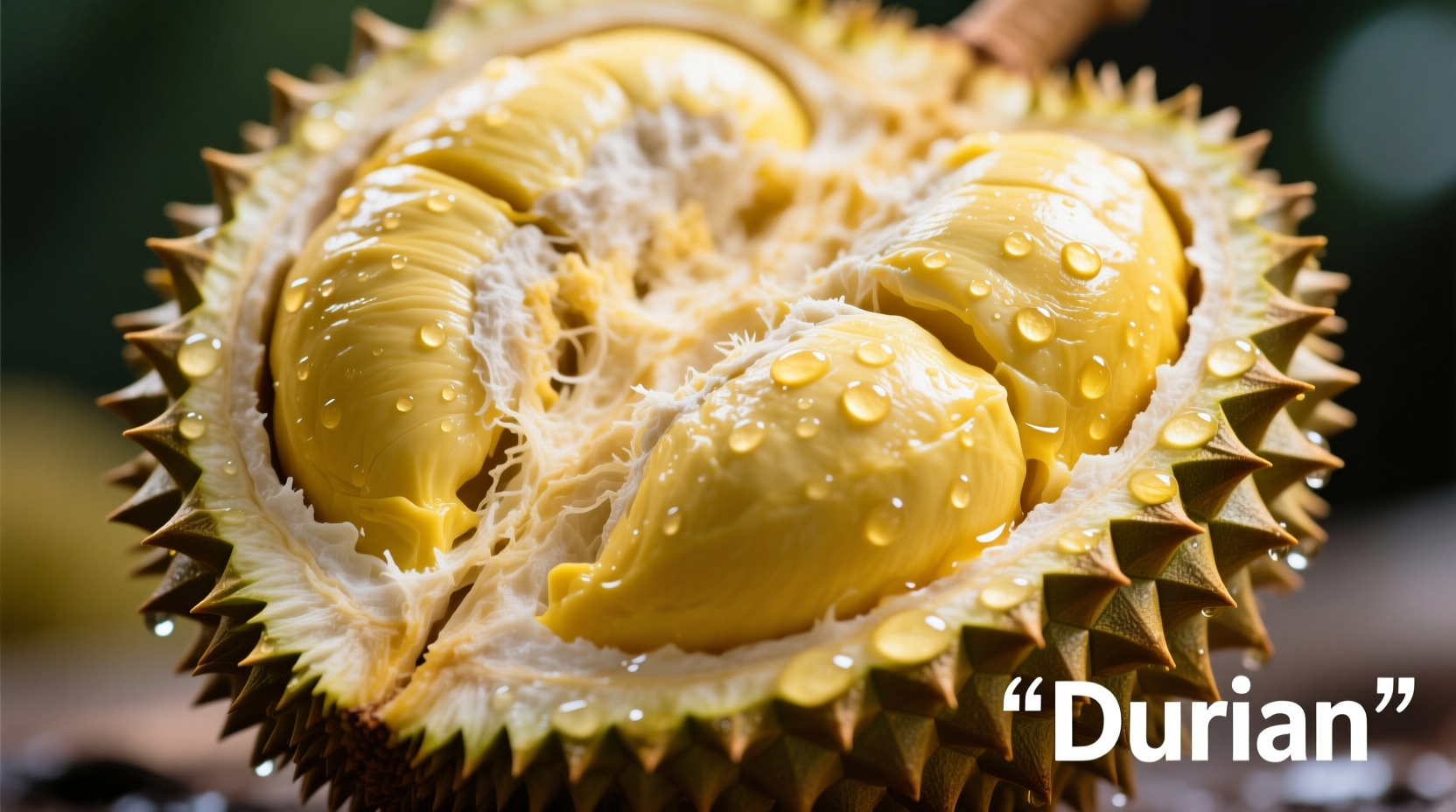 Ripe durian fruit split open showing creamy yellow segments