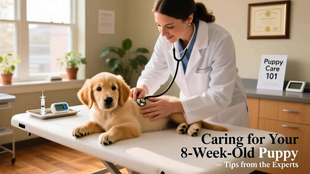 A veterinarian gently examining an 8-week-old puppy during a wellness checkup