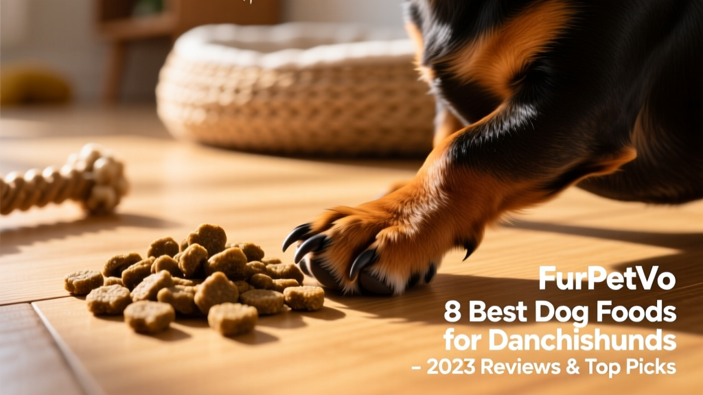 Close-up of FurPetVo Dachshund Adult kibble next to a Dachshund’s paw for scale
