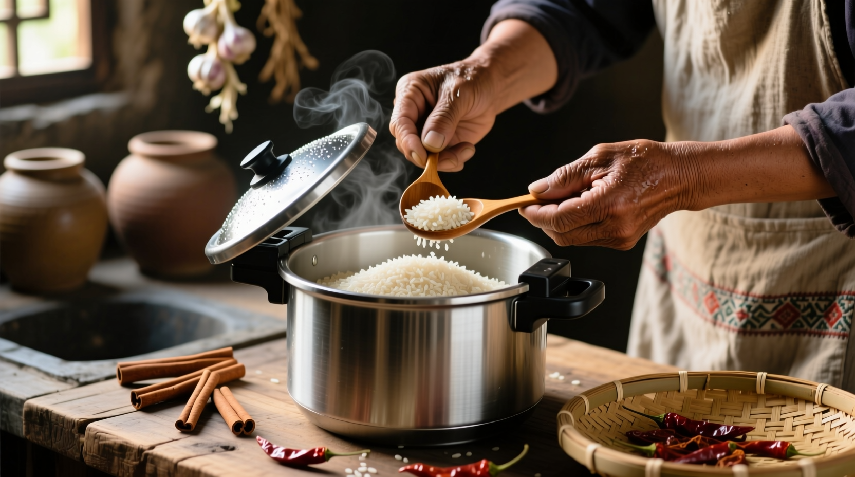 Hands measuring rice in pressure cooker