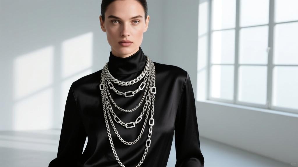 Model wearing layered vintage Italian 925 silver rope and box chains over a black silk blouse, showcasing varied chain textures.
