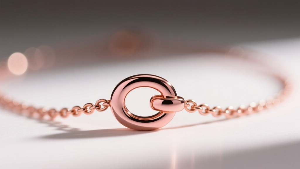 Macro shot of a rose gold necklace clasp showing the distinct warm pinkish-copper hue against soft, natural window lighting