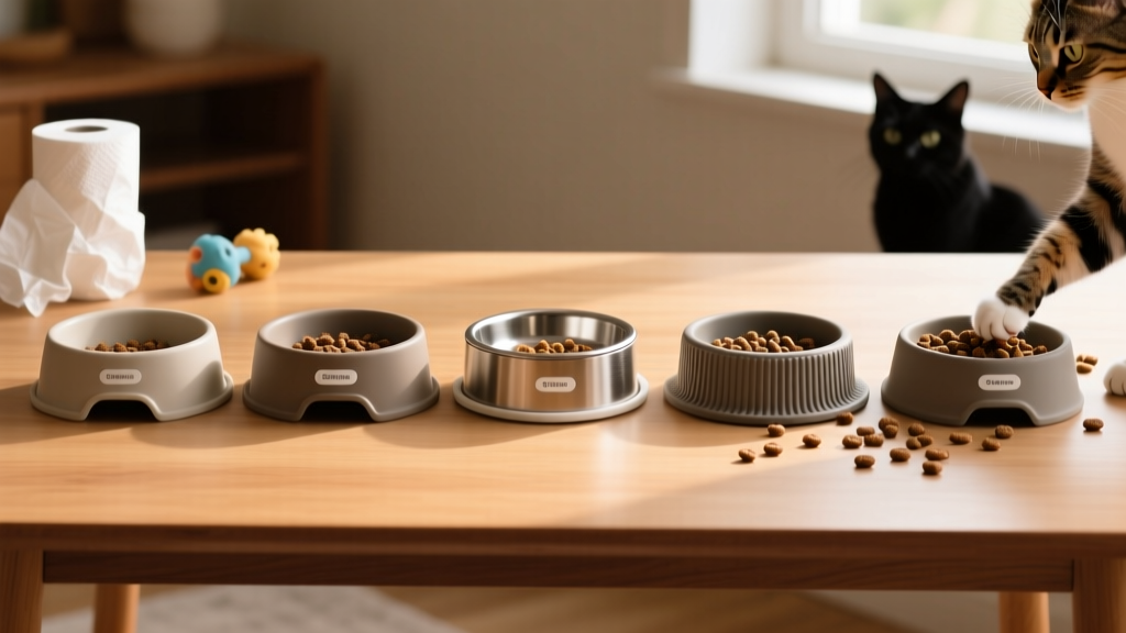 Side-by-side comparison of five different cat bowls designed for messy eaters, showing anti-slip bases, slow-feed ridges, and integrated trays