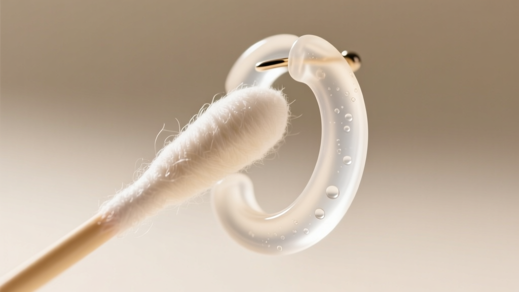 Macro shot of a cotton swab gently cleaning the inner curve of a clear silicone earring hook under bright, warm studio lighting.