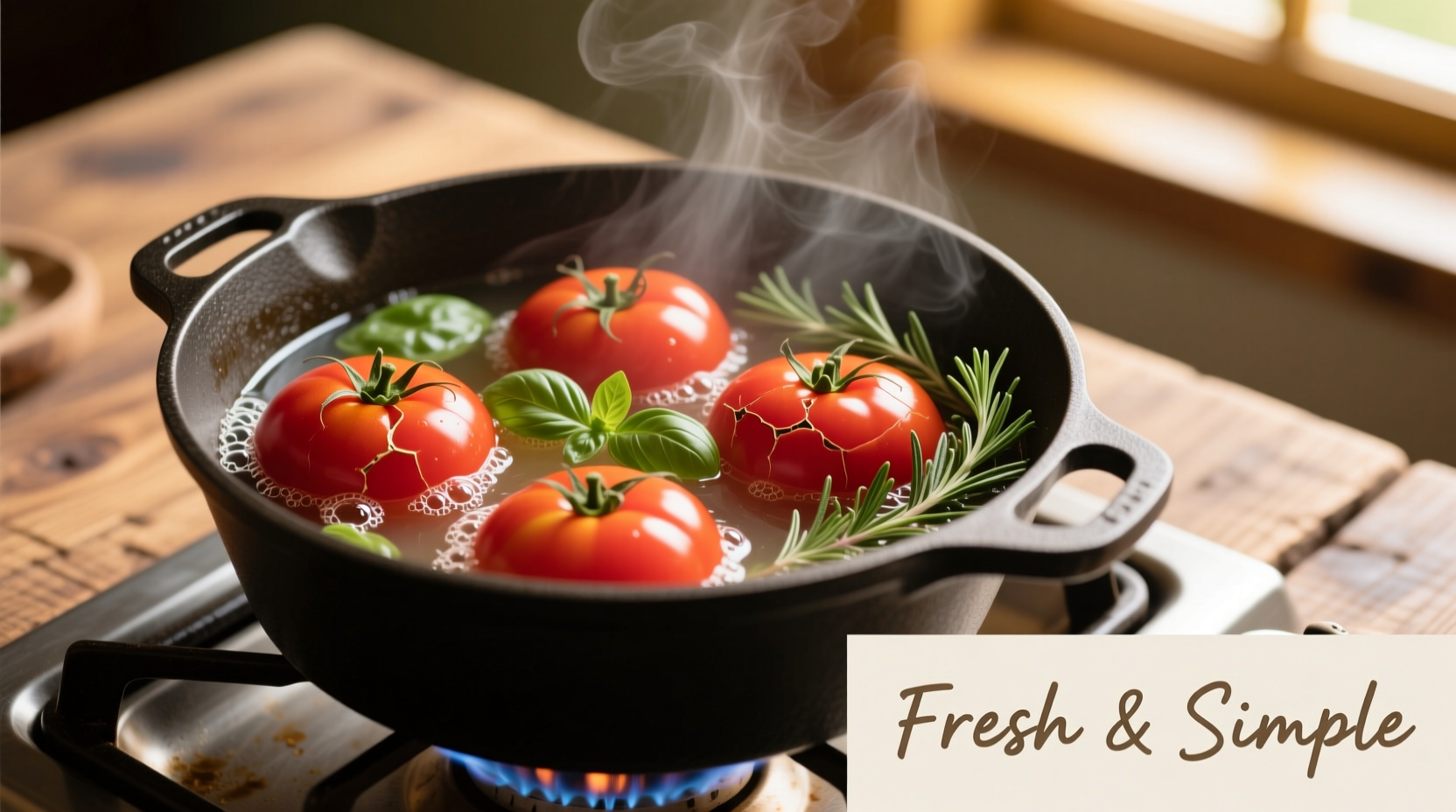 Fresh tomatoes simmering in a pot with herbs