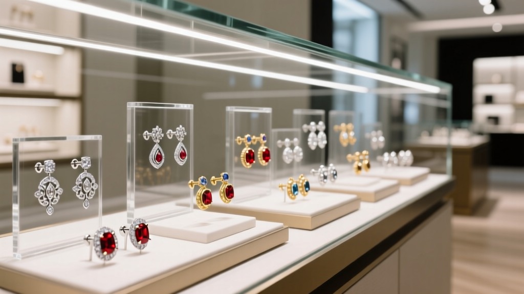 Close-up of a mall kiosk display showing various stud earrings in glass cases under bright LED lighting.