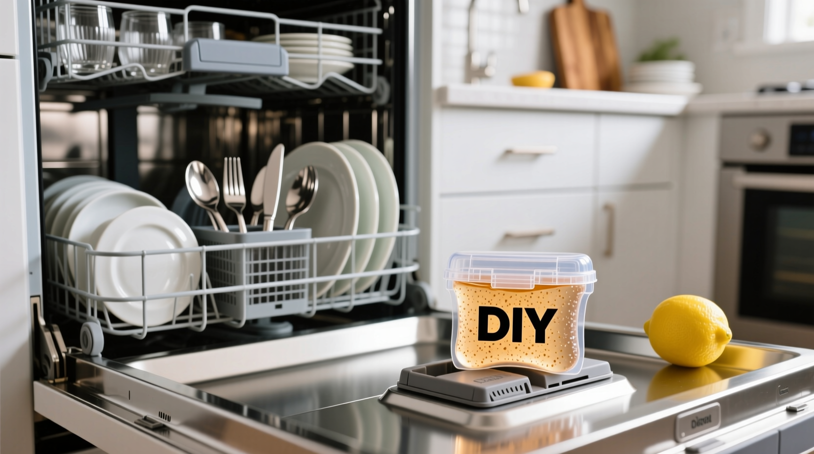 Properly loaded dishwasher with DIY detergent pod