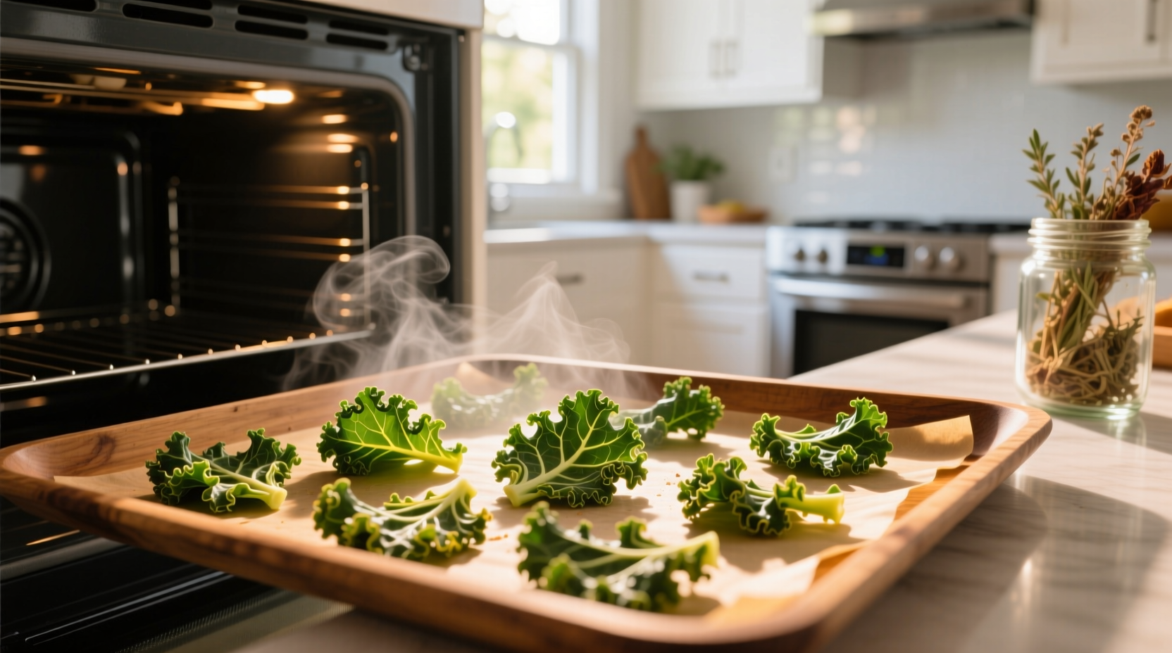 Homemade kale chips baking in oven