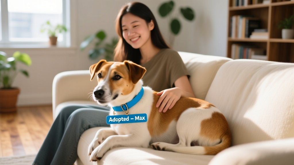 A joyful terrier mix curled up on a cozy couch beside his new owner, wearing a bright blue collar