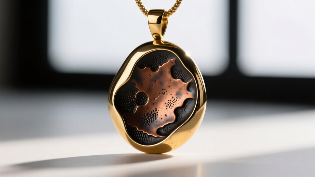 Macro shot of a raw brass pendant showing bright polished edges contrasting with dark oxidized copper patina in the deep crevices