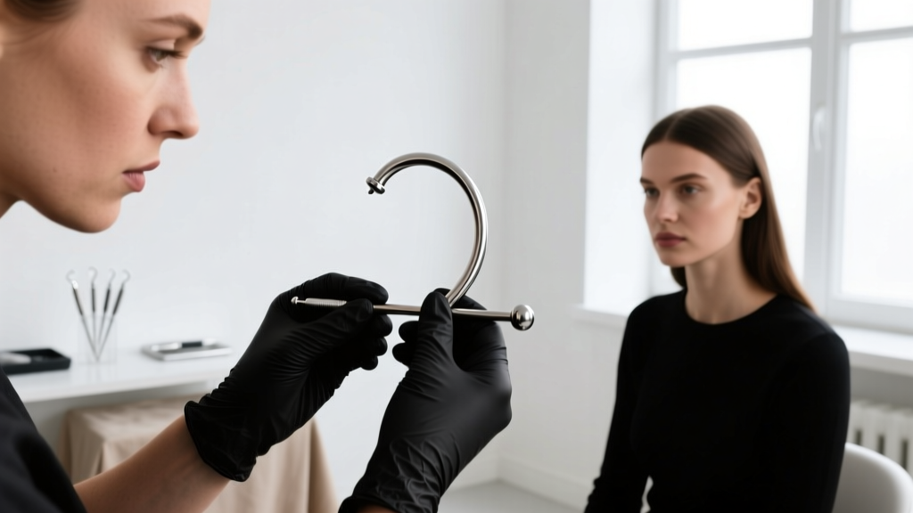 Piercer in black gloves holding a titanium curved barbell, explaining safe VCH piercing alternatives to a client in a clean studio.