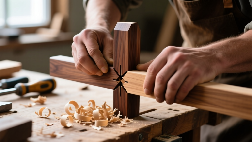Close-up of a craftsman assembling a precision walnut mortise and tenon joint, highlighting the tight grain fit and wood shavings on the workbench