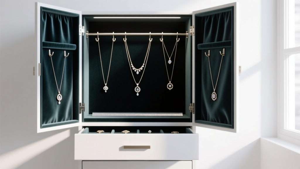 Open velvet jewelry armoire showing necklaces hung individually on anti-tarnish hooks, with a zinc carbonate strip in the drawer