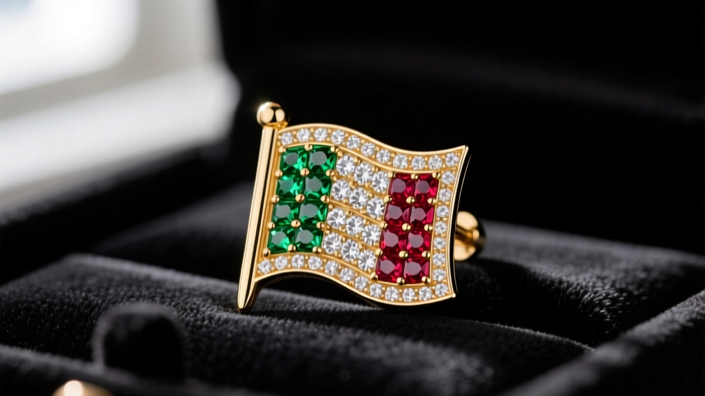 Close-up of an Italian flag drop earring in 14k gold with micro-pave emeralds, diamonds, and rubies resting on dark velvet