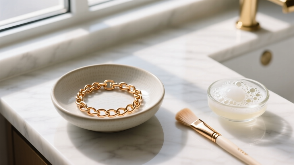 Overhead view of a jewelry cleaning setup with a ceramic bowl, soft brush, and mild soap next to a rose gold chain bracelet.