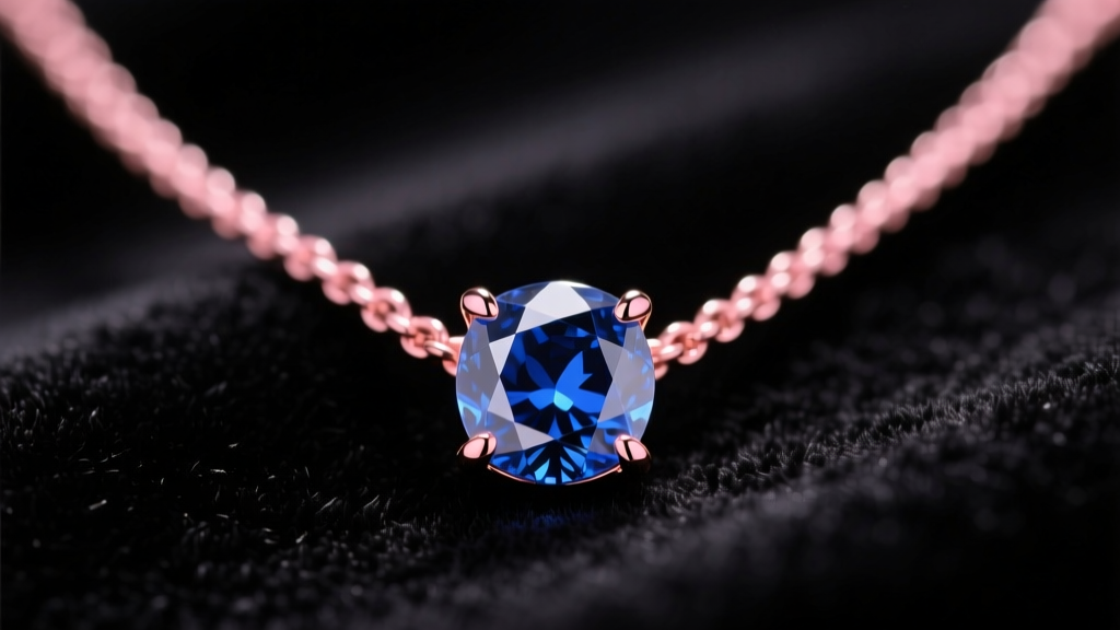 Close-up of a rose gold sapphire necklace on dark velvet, highlighting the deep blue gem and warm pink metal tones in soft light.