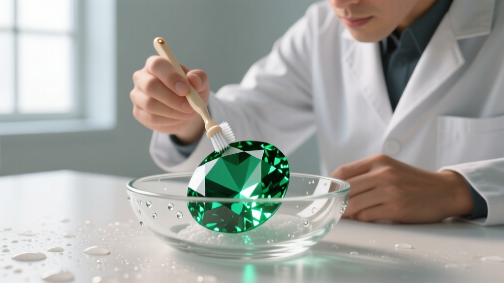 Jeweler gently brushing a faceted emerald gemstone with a soft baby toothbrush and mild soapy water inside a small glass bowl