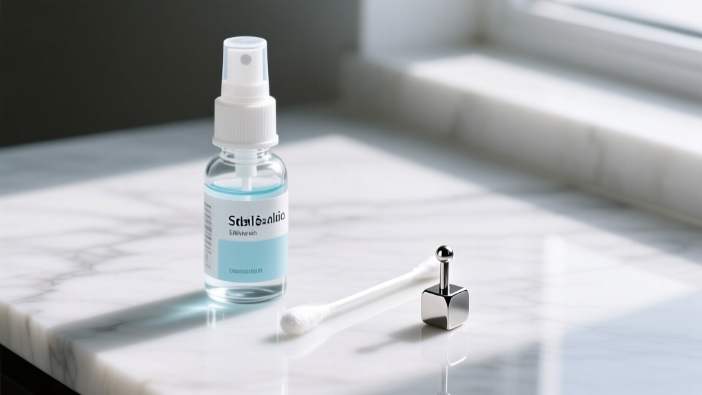 Hands holding a sterile saline spray bottle next to a clean cotton swab and a titanium labret stud on a bright marble surface.