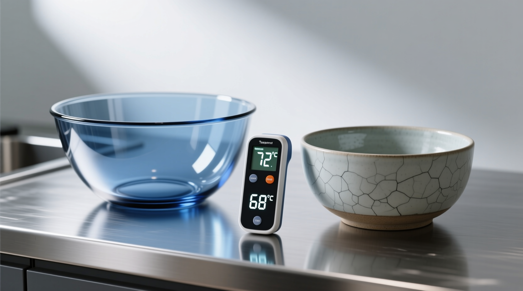 Side-by-side comparison: a tempered glass mixing bowl with subtle blue tint and smooth, seamless rim beside a matte ceramic bowl showing fine crazing lines near the base—both placed on a stainless steel countertop with a digital infrared thermometer reading 72°F on glass and 68°F on ceramic surface